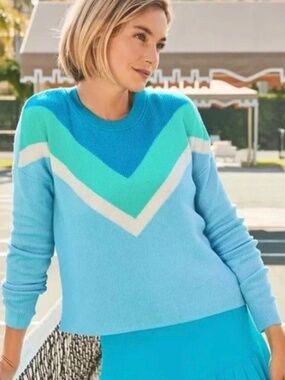 LILLY PULITZER RIVKA RAVELLO BLUE CHEVRON COLORBLOCK OVERSIZED CREW NECK SWEATER